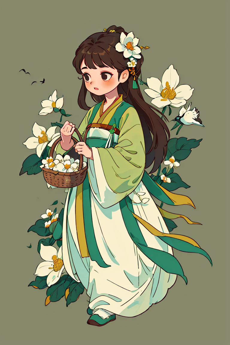 382554-3034692869-1girl, solo, long hair, simple background, brown hair, hair ornament, long sleeves, full body, flower, hair flower, chinese clot.png